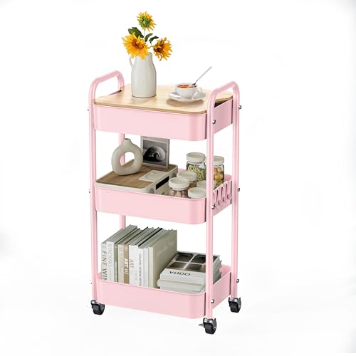 3-Tier Rolling Cart with Table Top, Metal Utility Cart on Wheels - color: Pink