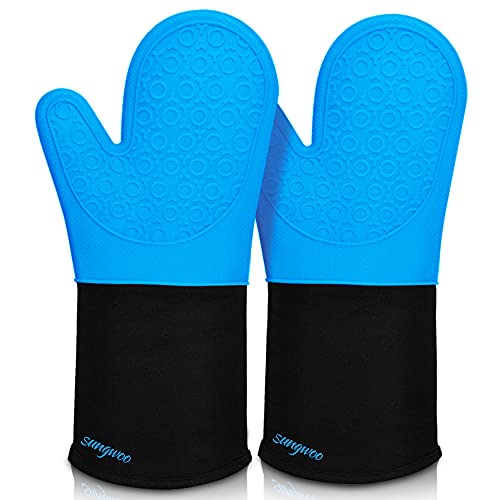 Silicone Oven Mitts - 14.6" Heat Resistant Oven Gloves for Baking, Cooking - color: Blue & Black, size: 14.6in Oven Mitts