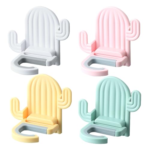 4 pack Broom and Mop Holder Wall Mount，Cute Cactus Wall Utility Hooks No Drill Mop and Broom GripperDecorative Hanging Holder for Bathroom Kitchen（White, Pink, Yellow, Mint Green） - color: White, Pink, Yellow, Mint Green