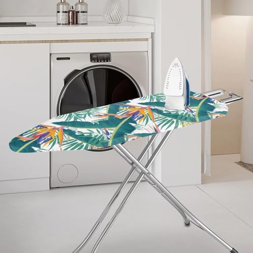 Birds of Paradise Ironing Board Cover 15x 54, Tropical Green Palm Leaf Home Elastic Edges Non-Slip Thick Iron Board Cover, Orange Pink Leaves 3 Hook Loop Fastener Strap - color: Birds of Paradise