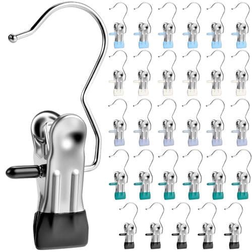 Senbowe 30 Pack Heavy Duty Clothes Pins, Boot Hangers for Closet, Laundry Hook Hanging Clips Clamps for Closet Organizer Pants Hats Socks Towels Clips, Clothespins Hanger for Travel Handbag Legging - color: Black,dark Green,beige,grey,blue