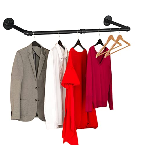 Wall Mounted Clothes Rack - 54"Industrial Pipe Clothing Garment Rack, Space - Saving Heavy Duty Detachable Black Iron Clothes Hanger Pole, Multi-Purpose Hanging Rod for Closet Storage, 2 Base - size: Black 54" x1 pcs(2Base)