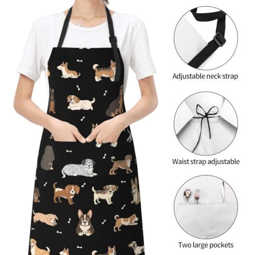 Perinsto Waterproof Apron With 2 Pockets Kitchen Chef Aprons Bibs For Cooking Baking Painting Gardening Grooming - color: Dog Black