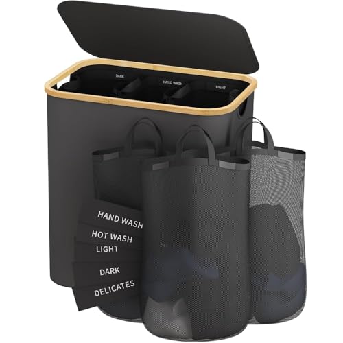 145L Laundry Hamper with Lid, 3 Section Laundry Basket with 3 Removable Bag - color: Dark Grey, size: 145L