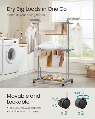 SONGMICS 3-Tier Clothes Drying Rack, Foldable, Rolling, 58.3-Inch Tall - color: Dove Gray, style: 3-Tier