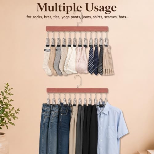 Novabright 2 Pack Cedar Hangers with 12 Clips, 360° Rotating Multi Clip Hangers for Closet, Wooden Hanging Space Saving Organizer for Leggings Pants Jeans Socks Hats Scarves Bras Accessories