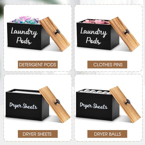 Dandat 2 Pcs Wood Rustic Laundry Dryer Sheet Holder Pod Container with Lid 8.7 x 6.3 x 6.4 Inch Laundry Pod Holder 7.3 x 3.7 x 5 Inch Dryer Sheet Dispenser Wooden Box Container(Black) - color: Black