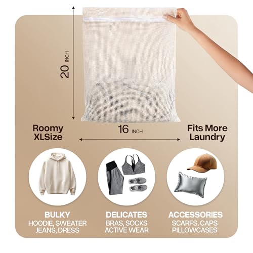 WoollyPals Large Cotton Mesh Zippered Laundry Bags (16" x 20") – 2-Pack with Storage Pouch – Washer & Dryer Safe, Durable Zipper, Breathable Mesh for Clothes, Delicates, Underwear, Shoes & Lingerie