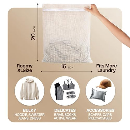 WoollyPals Large Cotton Mesh Zippered Laundry Bags (16" x 20") – 2-Pack with Storage Pouch – Washer & Dryer Safe, Durable Zipper, Breathable Mesh for Clothes, Delicates, Underwear, Shoes & Lingerie