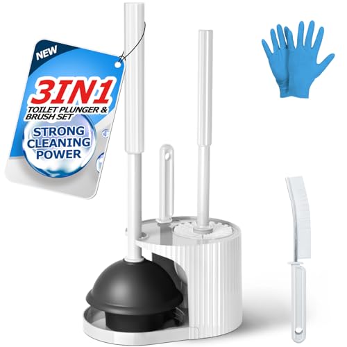 FORASTO 3IN1 Toilet Brush and Plunger Set with Holder Compact Cleaning Kit - color: White, size: 1PACK