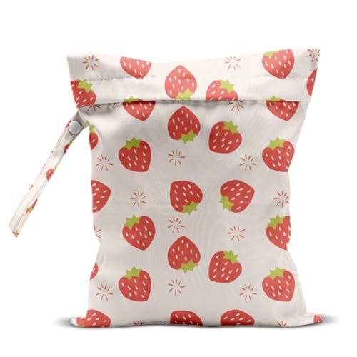Wet Bag, Wet Dry Bag, Waterproof Swim Bags, Machine Washable Reusable Bags for Beach, Pool, Diapers, and Dirty Yoga Gym Clothes(Cute Strawberry Print - color: Minimalist Light Pink Background Strawberry