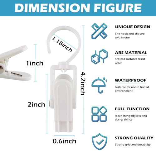 20pcs Laundry Hooks with Clips,Rotatable Super Strong Home Travel Clip - color: White