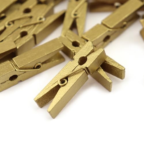 HEEHEE 50 PCS 1.38 Inch Gold Mini Clothespins Small Clothes Pin Natural Texture Wooden Clips for Food Package Clips Hanging Photo - size: Gold 1.38x0.27" (3.5x0.7cm)-50 PCS