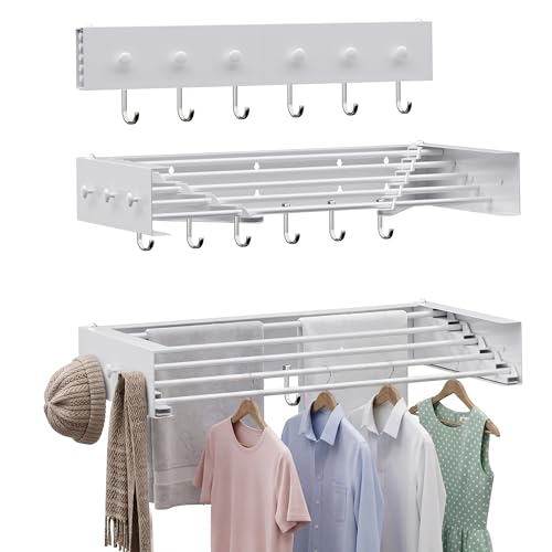 Foldable Wall Mounted Drying Rack, 31.5" Clothes Drying Rack with 6 Hooks & 6 Knobs, Space Saving Laundry Organizer, Heavy Duty Retractable Dry Rack with 5 Thickened Rods for Apartments - color: Premium - 6 Knobs & 6 Hooks, size: Width 31.5"