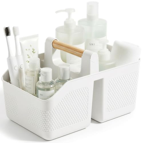 Plastic Shower Caddy Portable Shower Basket with Bamboo Handle, White - color: White