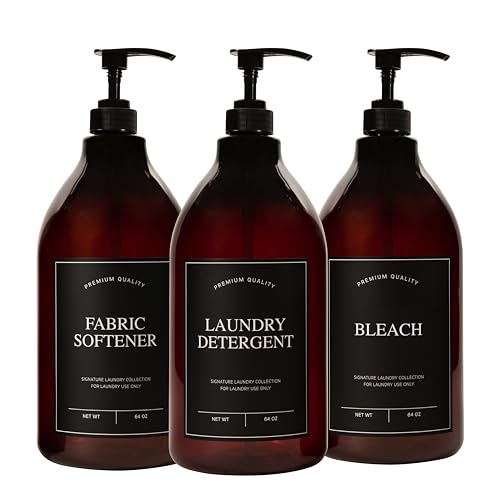 Calindiana Modern Farmhouse Liquid Laundry Detergent Bleach and Fabric Softener Dispenser for Laundry Room Decor and Organization, PET Plastic Soap Containers, Water Resistant Labels, 64 Oz Set of 3