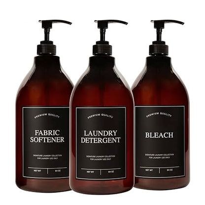 Calindiana Modern Farmhouse Liquid Laundry Detergent Bleach and Fabric Softener Dispenser for Laundry Room Decor and Organization, PET Plastic Soap Containers, Water Resistant Labels, 64 Oz Set of 3