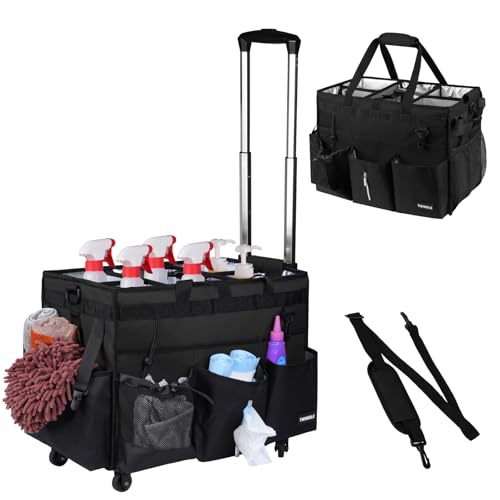 Extra-Large Rolling Cleaning Caddy with Wheels,Cleaning Caddy Bag with Detachable Trolley,Water Resistant Lining Cleaning Supply Organizer with Handle for Cleaners,Housekeepers (Black) - color: Black Rolling, size: Extra-Large