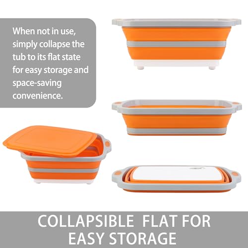 Collapsible Cutting Board with Container, Foldable Camping Sink with Colander, BBQ Prep Tub with Lid, Multifunction Dish Basin for Kitchen, Bowl, Vegetable and Fruit, 2.11 Gal/8L Storage Basket - color: Orange, size: 15.7"L x 12.8"W