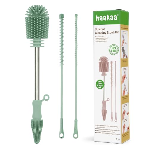 Haakaa Silicone Cleaning Brush Kit,Green,Portable Bottle Brush Cleaner - color: Pea Green, size: 3 Piece Set