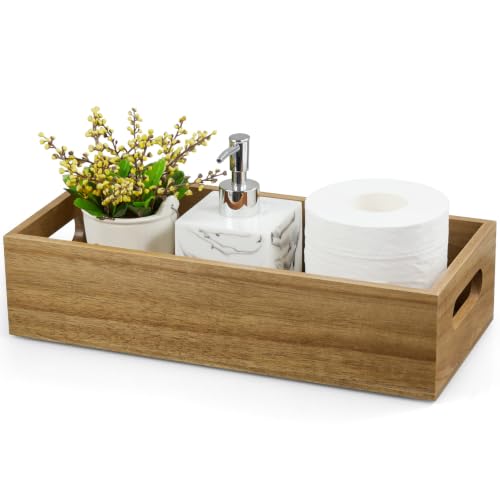 ALELION 14 Inch Acacia Wood Bathroom Storage Basket with Handles, Toilet Paper Basket for Back of Toilet Tank Top, Wooden Organizer Tray for Bathroom Countertop, Vanity, Kitchen, Pantry, Laundry Room - color: Acacia, size: 14 Inch
