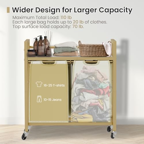 SwaaVee Laundry Sorter, Laundry Hamper with Wooden Top Shelf, 2×14.5Gal(110L), Metal Frame laundry basket with wheels, Pull out and Removable Laundry Bags, 2 Bags-Golden - color: Gold