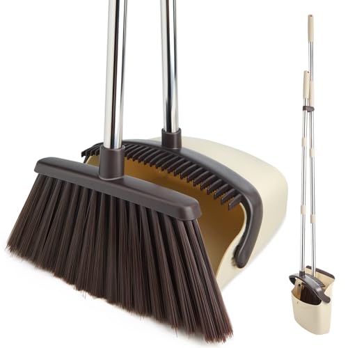 Broom and Dustpan Set with Long Handle, Heavy Dust Broom and Dustpan Combo for Home，Kitchen, Office, Pet Hair(Beige) - color: Beige