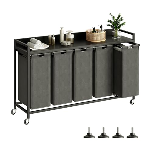 Herture Laundry Hamper with Shelf, Laundry Basket 5 Section, Laundry Sorter with Pull-Out Removable Large Bags and Movable Wheels, Metal Frame, 5 x 15.87 Gallons (60L), Black PF08XLB - color: Black + Gray, size: 5 Bags-300 L