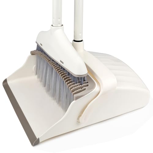 Broom and Dustpan Set for Clean - Broom with Dustpan Combo Set, 61" Dustpans Long Handle, Dust Pan with Handle, Kitchen Dust Pan and Brush for Indoor Outdoor Room Office Use. - color: Rice White