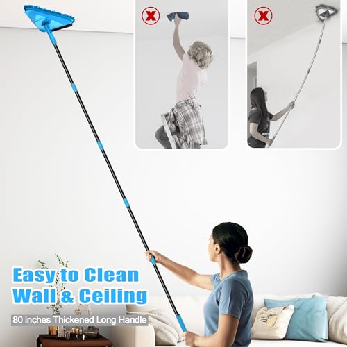 NEWE Wall Mop Cleaner with 80 Inch Long Handle, 180° Folding Ceiling Cleaner with Squeegee, Cabinet Cleaning Tool, Wall Scrubber, Triangle Baseboard Scrubber, 4 Chenille Duster & 2 Microfiber Pads - color: Blue