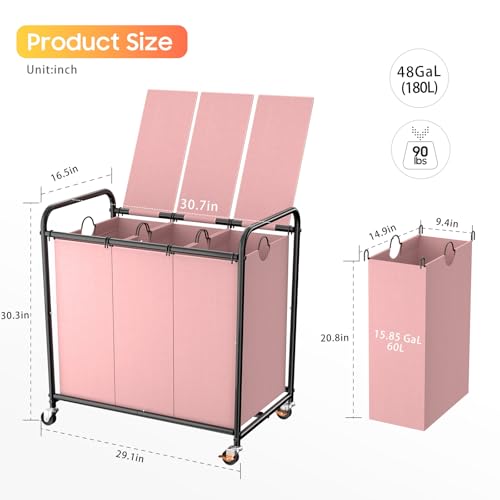 180L Laundry Sorter 3 Section, Rolling Laundry Basket with Wheels and Lid - color: Pink-3Sec, size: 47.55Gal