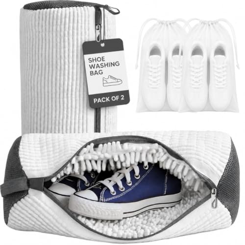 GEWON Shoe Washing Machine Bag for Sneakers, 360° Deep Cleaning, 2 Shoe Bags, 4 Dust Bags - color: white