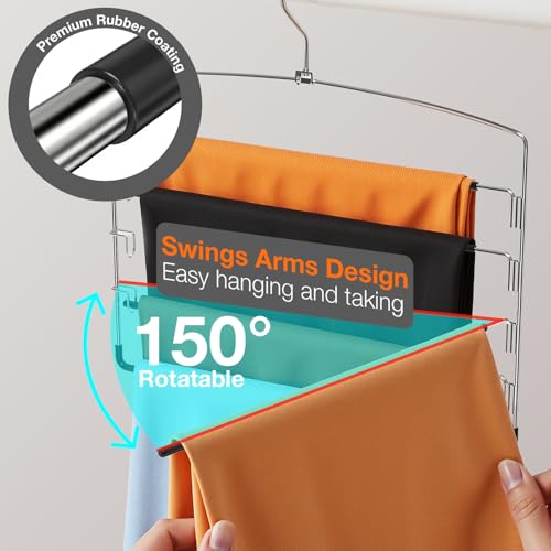 Korpai 6-Pack Pants Hangers Space-Saving Multi-Layer,150° Rotate Metal Swing Arm Non Slip Rubber Coating,Closet Organizers and Storage 360 Swivel Top Hook for Jeans,Trouser,Slacks,Skirt,Scarfs,Towels