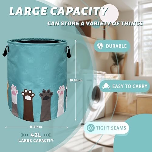 Cat Dog Paw Laundry Basket Foldable Oxford Cloth Hamper 18.9 x16.5" - color: Cute Cat Paws Dog Paw