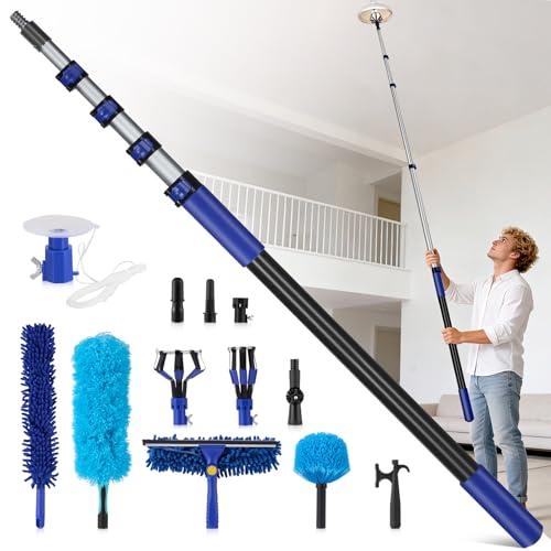 20FT Reach Light Bulb Changer for High Ceilings with 3.4-12.4FT Telescopic Extension Pole, 11PCS Reusable High Ceiling Fan Duster Kit for Recessed Lights, High Ceiling Window Cleaning
