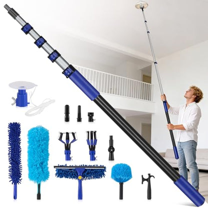 20FT Reach Light Bulb Changer for High Ceilings with 3.4-12.4FT Telescopic Extension Pole, 11PCS Reusable High Ceiling Fan Duster Kit for Recessed Lights, High Ceiling Window Cleaning