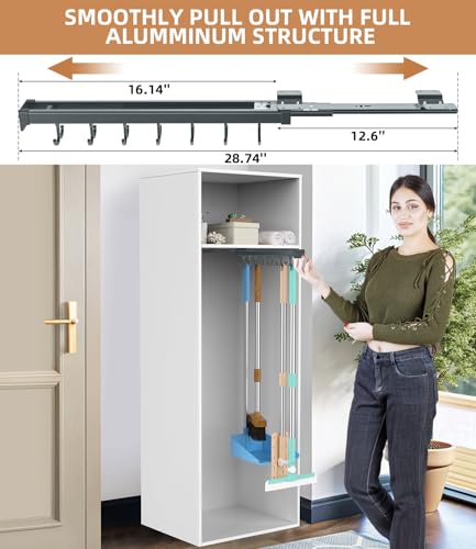 Pull Out Broom Holder With Adjustable Double Row Sliding Hook-Grey 16.14in - color: Dark grey, size: 41cm/16.14inch