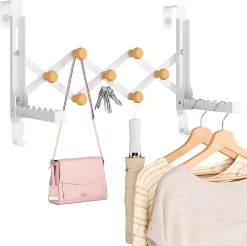 Over The Door Hooks with 7 Wood Hooks, Foldable Collapsible Clothes Drying Rack & Towel Hanger, Space-Saving Door Organizer for Laundry, Coat, Bedroom, Dorm and Bathroom - color: White, size: 2 Hanger Rods & 1 Shelves