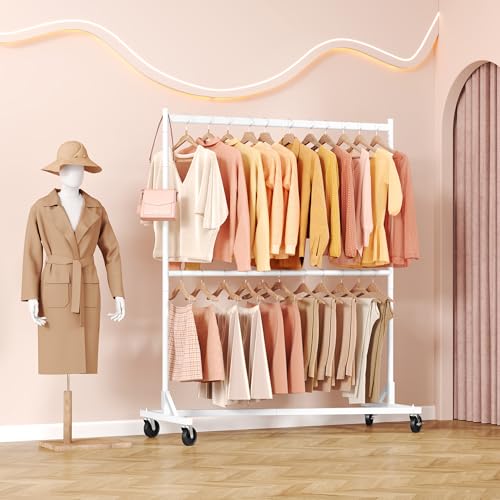 Hoctieon Double Rod Z Rack, Rolling Clothes Racks with Z-Base, Adjustable Clothing Rack, Standing Clothes Rack, Metal Clothing Racks for Hanging Clothes, Portable Garment Rack, White - color: White (1 Pack)