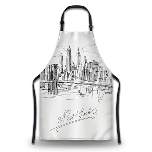 Kitchen Apron for Men New York City Skyline Baking Aprons for Women for Cooking Restaurant BBQ Painting Crafting Gardening 27” (W) x 31” (H), Waterproof Aprons - color: New York City Skyline