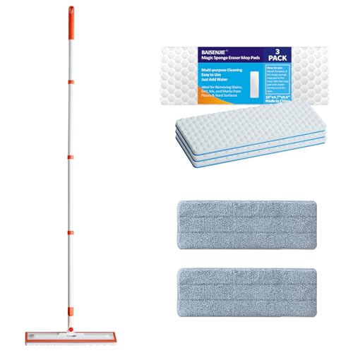 Magic Sponge Eraser Mop,56" Handle,15" Flat Head, 2 Microfiber,3 Sponge Pad