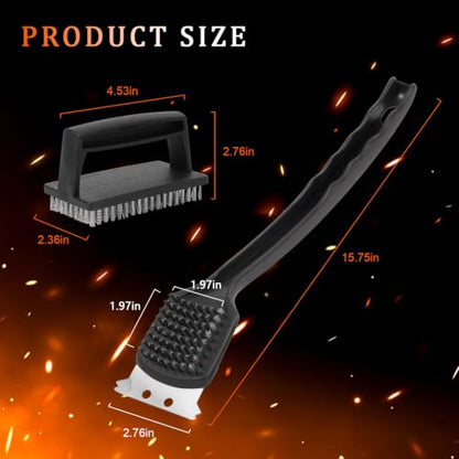 15.75” Grill Brush - BBQ Scraper with Ergonomic Non-Slip Grip & Steel Bristles, Deep Clean Outdoor Grill Grates Without Bending (Safer, Long Handle)