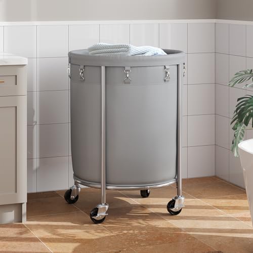 ELYKEN Laundry Basket with Wheels, Round Rolling Laundry Hamper, Gray - color: Gray, size: 190L