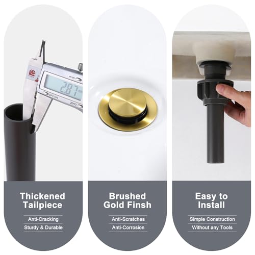 ALEASHA Bathroom Sink Drain with Overflow Vessel Sink Stopper, Pop Up Drain for Bathroom Sink Pop Up Drain Stopper for Hair Catcher, Brushed Gold - color: Brushed Golden, style: With Overflow