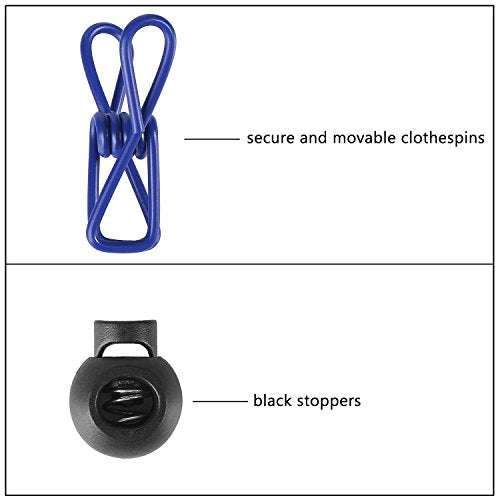2 Pack 11 Feet Windproof Clothesline with 12 Blue Clips, Adjustable Clothes Line for Home, Travel and Outdoor Hanging Clothes
