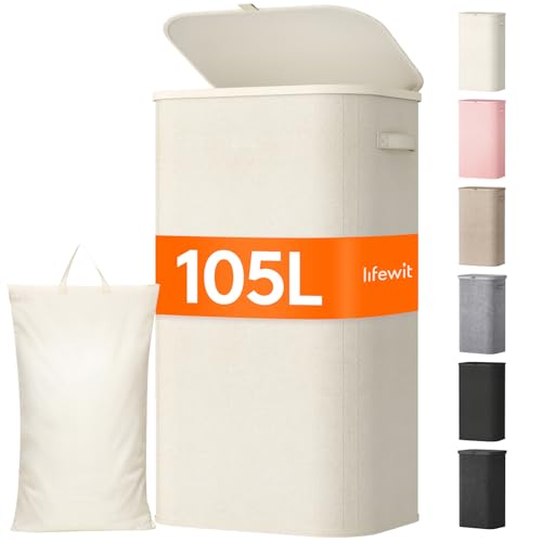 Lifewit 105L Large Laundry Basket with Lid, Laundry Hamper with Plastic Handles and Removable Bag, Foldable Tall Dirty Clothes Hampers for Laundry for Laundry Room, Bedroom, Bathroom, Dorm, White - color: White, size: 105L