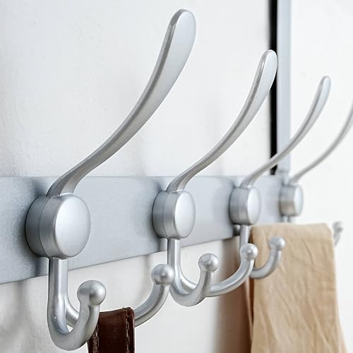 Dseap Over The Door Hook Hanger - Fits 1 3/8" to 1 3/4" Standard Doors | 5 Tri Hooks Heavy Duty Towel/Coat Rack | Door Organizer for Clothes, Jackets, Hats, Towels, Silver - color: Silver