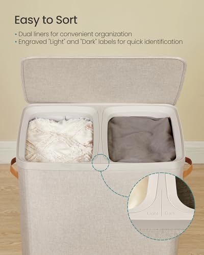 SONGMICS Laundry Basket, 170L Laundry Hamper with Lid, 2 Removable Bags - color: Cappuccino Beige, size: 170 L (2-Section)