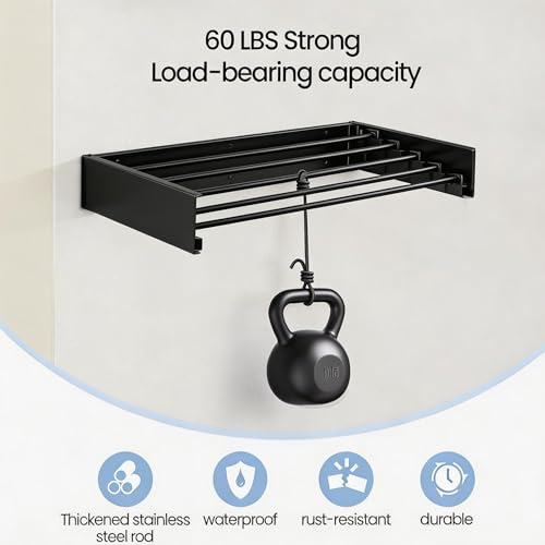 Wall Mounted Laundry Drying Rack, Carbon Steel Foldable & Retractable Clothes Drying Rack, Space Saving Adjustable Towel Holder for Bathroom, Laundry, Small Spaces (1, Black, 50cm) - color: Black, size: 19.69"