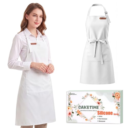 CAKETIME Colorful Aprons Made by Silicone Coated Polyester Fabric Waterproof Oilproof for Women Cooking Funny Gifts - color: White